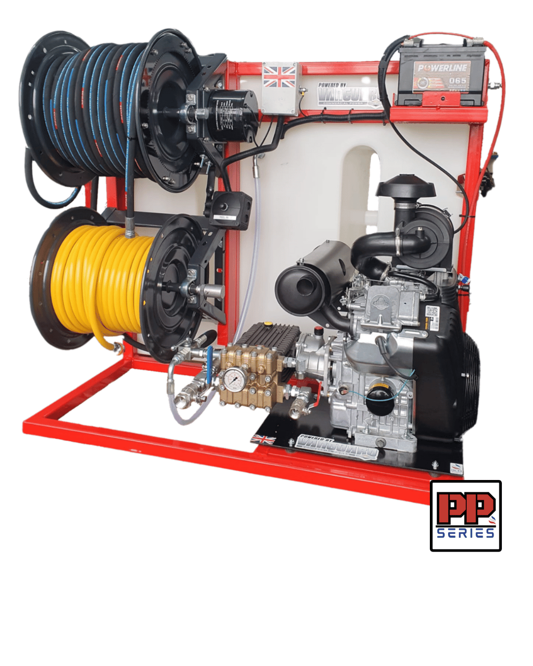 large image of a HCM Jetters 800 Series PowerPlate Drain Jetting unit vanpack system for drain cleaning, desilting and root cutting. The drain jetter has Electric reels, remote system and drain jets.